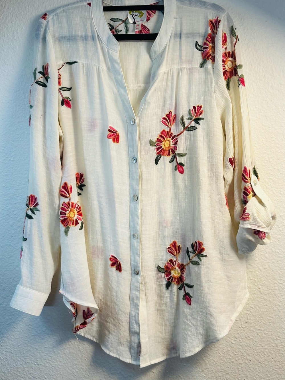 fig and flower Cream Button-Down Shirt with Pink & Red Floral Embroidery